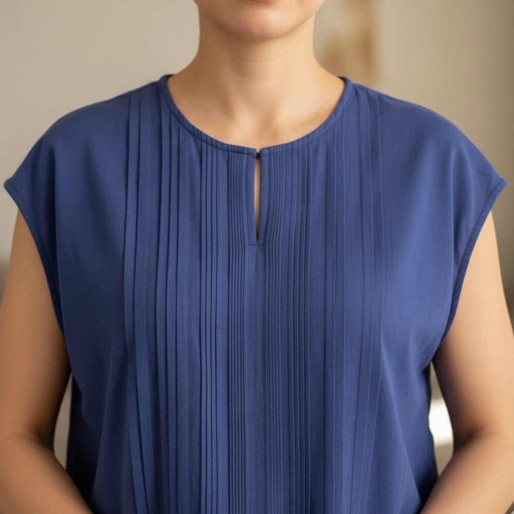Blue Pleated Cap Sleeve Blouse Top | Size M